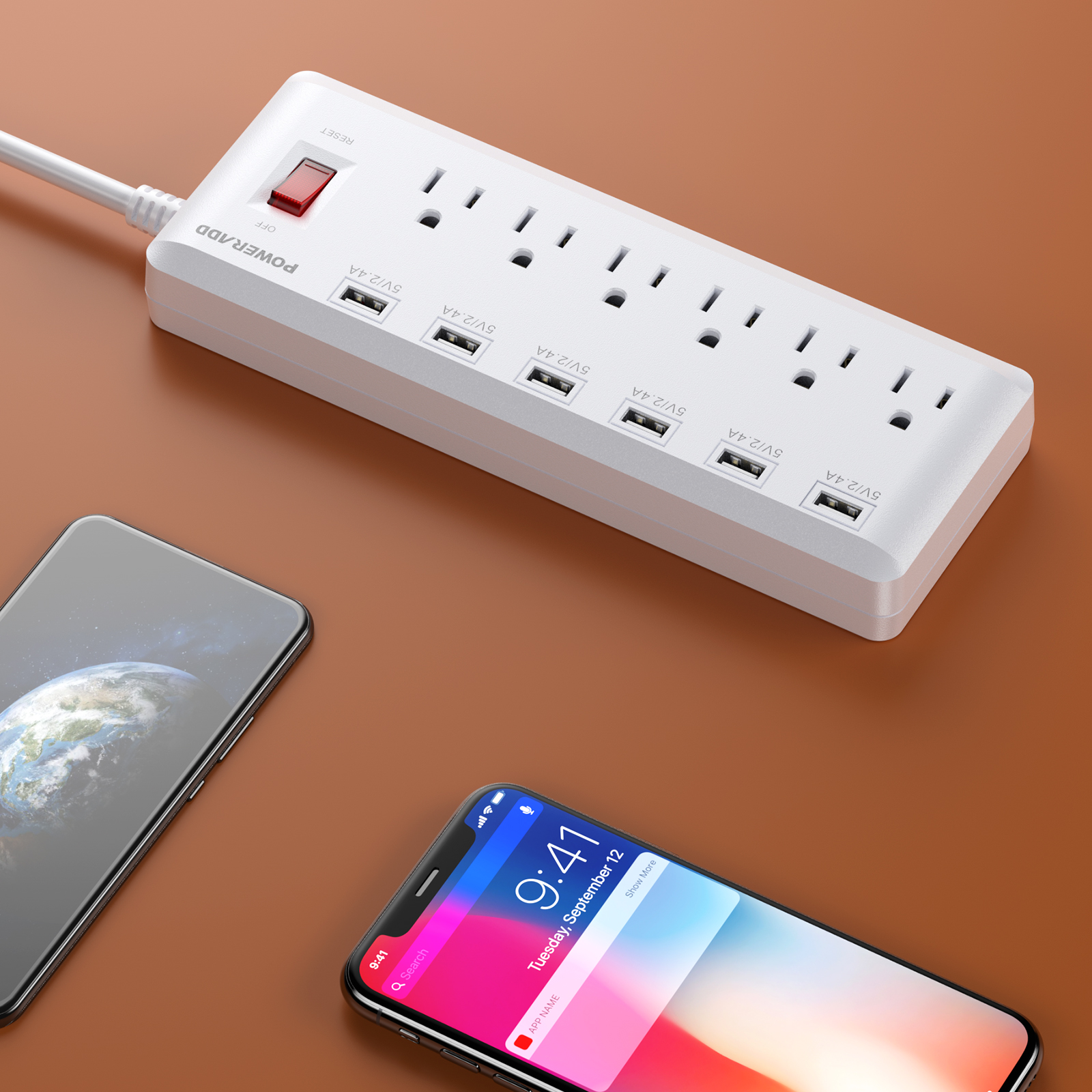 Poweradd Power Strip 6 Outlets 6 Smart USB Charging Ports Surge Protector